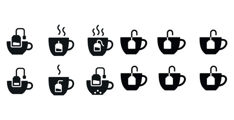 Fototapeta premium Variety of tea cup icons with tea bags and steam in black and white