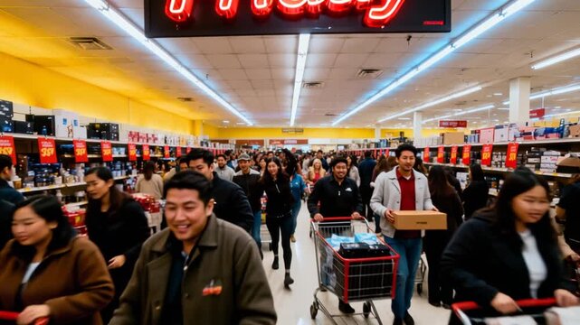 Large crowd of customers running with shopping carts in a supermarket. Black Friday sales event causing a shopping rush. Lockdown eye level view.