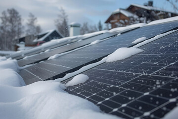 Winter rooftop solar panels lightly covered with snow, showing reduced efficiency and real-life cold-season conditions for residential renewable energy.