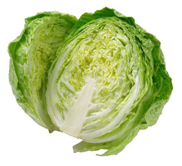 Fresh, crisp head of lettuce, cut in half, displaying inner layers