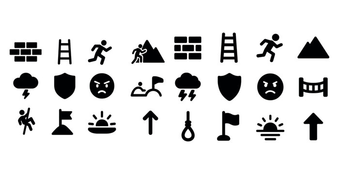 Collection of adventure and challenge icons including obstacles and weather symbols