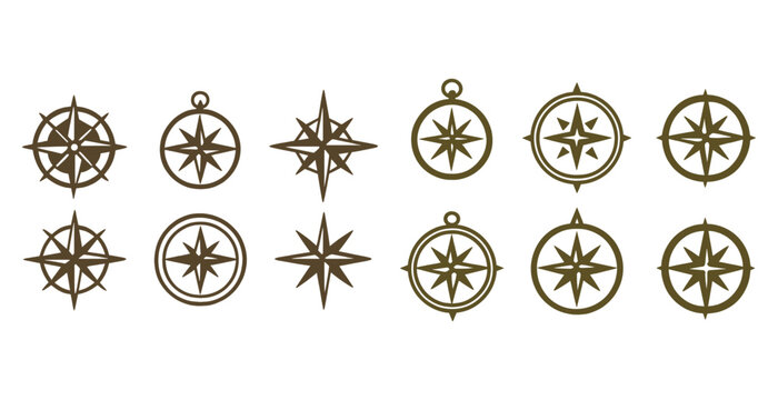 Variety of nautical compass rose designs in brown tones