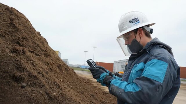 Technician monitoring temperature and moisture in static pile compost emphasizing passive decomposition of organic waste for nutrientrich soil amendment.