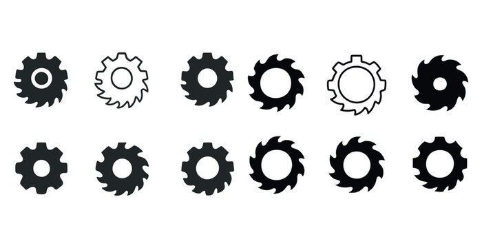 Assorted circular gear and saw blade silhouettes in varied styles