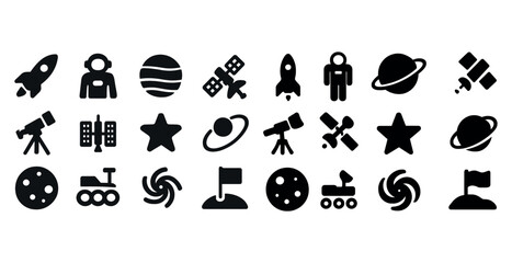 Collection of astronomy icons featuring rockets and planets in bold silhouette style