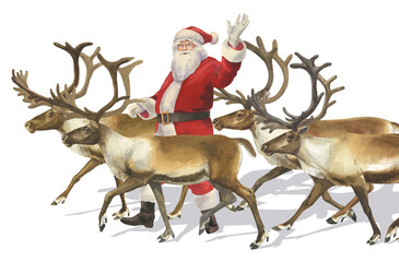 Watercolor Santa Claus with four reindeers