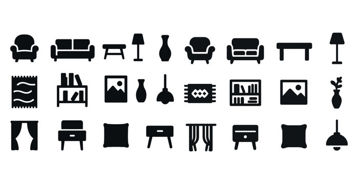 Black silhouette icons of home furnishings and decor items