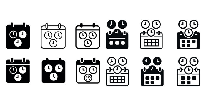 Black and white clock and calendar icons for time management and scheduling