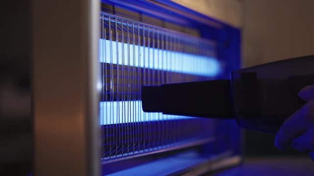 Hand using handheld vacuum cleaner for hygienic cleaning and maintenance of insect killing ultraviolet light lamp, removing dead bugs and ensuring pest control. Concept of household cleanliness..