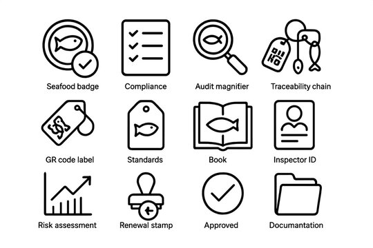 Seafood Certification Icons. Seafood Certification. Line icon set of Seafood Certification: ecolabel badge, compliance checklist, audit magnifier, traceability