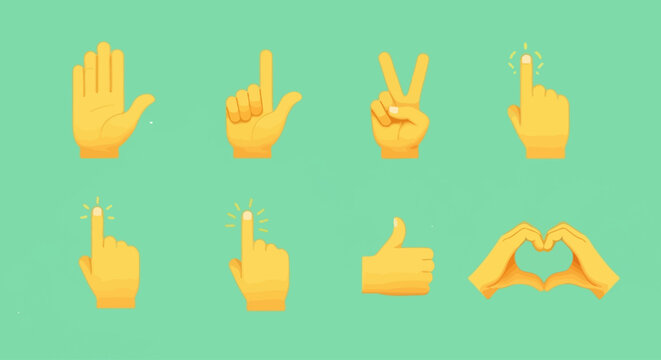 A collection of modern yellow hand gesture icons for digital communication, showing various signs like pointing, peace, thumbs up, and a heart shape