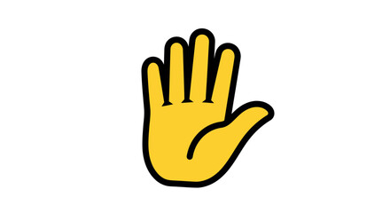 Obraz premium Stylized illustration of a human hand in a universal stop gesture. Yellow open palm icon representing warning, halt, or a friendly high five. Simple graphic symbol
