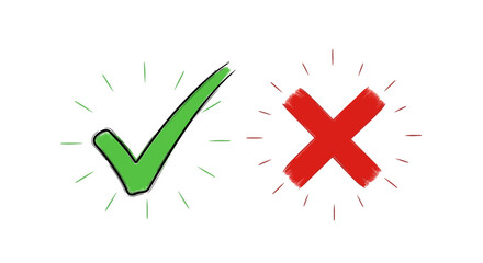 A hand-drawn vector illustration of a green check mark and a red cross mark, representing concepts like approval, rejection, and decision-making