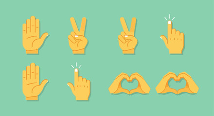 Fototapeta premium A diverse collection of cartoon hand gestures and signs, including love heart, peace symbol, stop palm, and clicking pointer