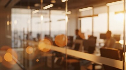Busy office environment during sunset with blurred figures working, showcasing modern workspace dynamics