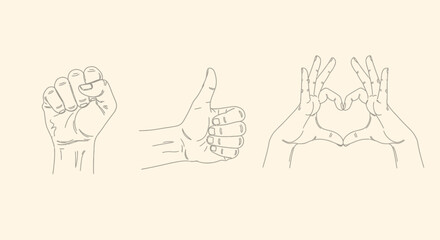 Fototapeta premium A curated set of linear icons depicting universal hand gestures for strength, approval, and affection, showing a fist, thumbs-up, and heart sign