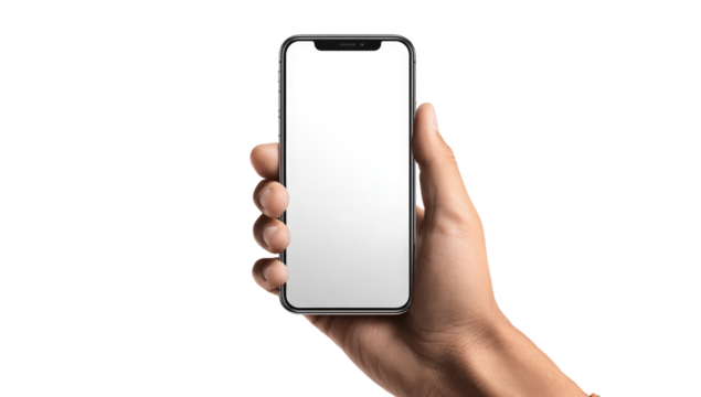 A hand holds a modern smartphone, display blank