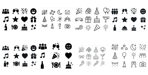 Party celebration icons: music, cake, gifts, smiley faces, balloons, and more