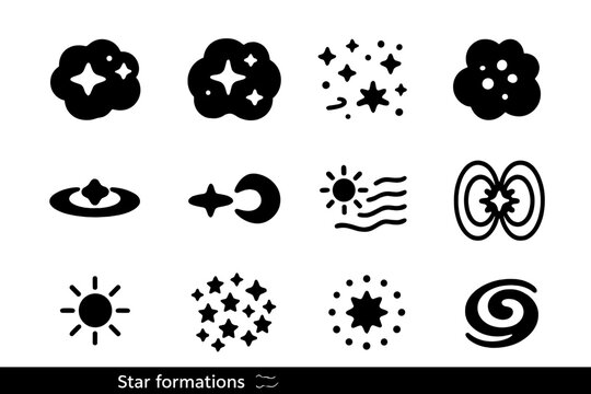 Star Formation Icons. Star formations. Solid icon set of Star formations: nebula cloud, star nursery, interstellar dust, molecular cloud, protostar disk,