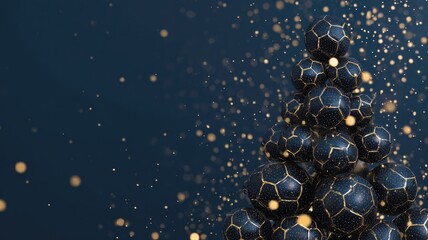Elegant pyramid of black and gold soccer balls with sparkling gold particles on dark background