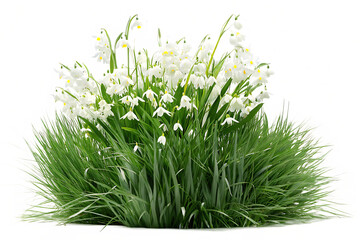 White Snowdrop Flowers With Green Grass And White Background snowdrops galanthus isolated on a transparent background