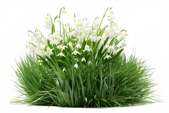White Snowdrop Flowers With Green Grass And White Background snowdrops galanthus isolated on a transparent background