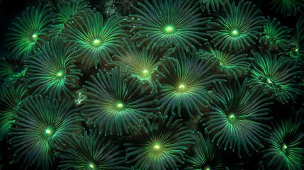 Fototapeta premium Dense clusters of fluorescent green star coral