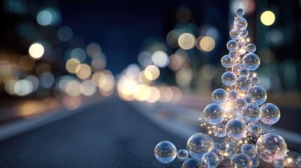 Festive glass bubble tree on city street with night bokeh lights