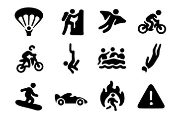 Extreme Sports Icons. High-Risk Activities. Solid icon set of High-Risk Activities: parachuting, rock climbing, base jumping, skydiving, motocross, bungee