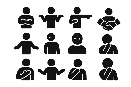 Body Language Icons. Body language. Solid icon set of Body language: crossed arms, shrug, pointing, handshake, open stance, nodding head, tilted head, raised