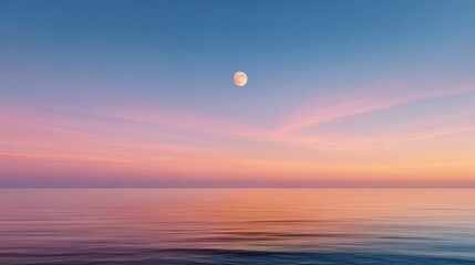 Pastel Horizons Evening Glow Over the Ocean With a Bright Moon Floating Above the Calm Water