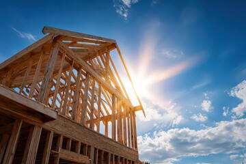Obraz premium Wooden Frame Construction Against a Vibrant Blue Sky with Sunlight Glare for Residential Building Under Sunny Weather