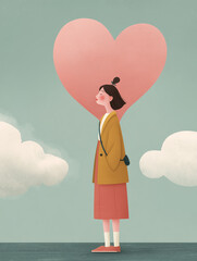 A vertical cartoon illustration of a contemplative young woman with a short bob and a bun, standing side-profile against a pale teal sky with a large, pink, heart-shaped cloud dominating the backgroun