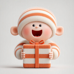 Cheerful 3D cartoon character of a stylized elf or child in an orange and white striped outfit, holding a matching striped gift box close, with a wide, happy smile, isolated on a white background