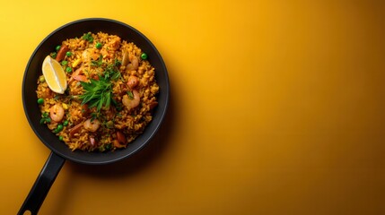 Feast for the Eyes a Spanish Paella Shines on Bright Yellow, Served in Black Cast Iron Ready to Be Enjoyed