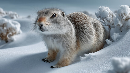 Detailed close-up portrait of a small, furry winter animal, possibly a gopher, marmot, or ground squirrel, emerging from a burrow in the crisp snow, with soft lighting and a cold, winter background