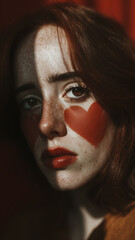 Intimate, moody close-up portrait of a young woman with red hair and freckles, wearing heart-shaped red makeup on her cheeks, partially lit by a dramatic shaft of sunlight and shadow