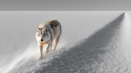 Dynamic and atmospheric monochromatic image of a white wolf or coyote walking across a vast, snow-covered, desolate plain, with low-level snow blowing across the ground and a long shadow