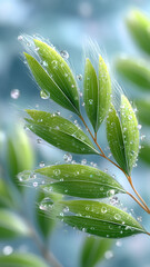 Extreme close-up macro shot of vibrant green grass or grain spikes adorned with numerous perfectly clear water droplets. 