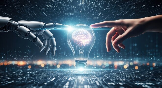 Robot and Human Hands Touch Lightbulb Brain Idea