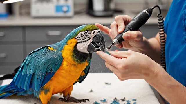 Blue and gold macaw parrot receiving nail trimming from professional caretaker in clinical setting