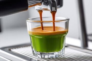 Espresso Shot Cascading Onto Vibrant Green Smoothie in Glass; a Unique Beverage Experience With Professional Studio Lighting
