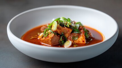 Fototapeta premium A Crimson Tide of Maeundae Jjigae Swirls Around Tofu Islands, a Culinary Sunset Over a Porcelain Sea on Studio Backdrop