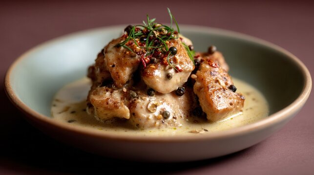 Akoho Sy Voanio With Rosemary Served in Soft Light, Showcasing Madagascar Cuisine