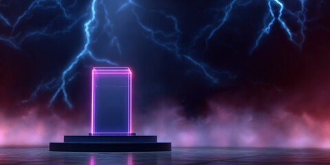 Neon lit monolith on podium with dramatic lightning in moody atmosphere