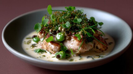 Akoho Sy Voanio Dream, a Classic Dish Presented With Edible Greens and Creamy Sauce in a Soft Bowl