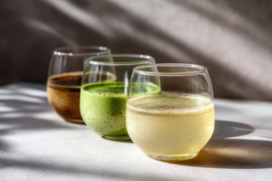 Assorted herbal drinks in glasses with sunlight and shadows