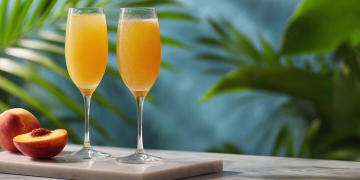 Refreshing peach mimosa cocktails in elegant glasses with tropical background