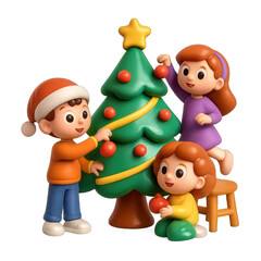 Obraz premium PNG Children decorating Christmas tree joyfully.