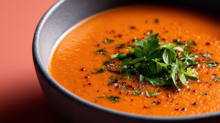 Harira Soup With Lentil and Tomato Base Seasoned With Herbs in a Grey Ceramic Bowl